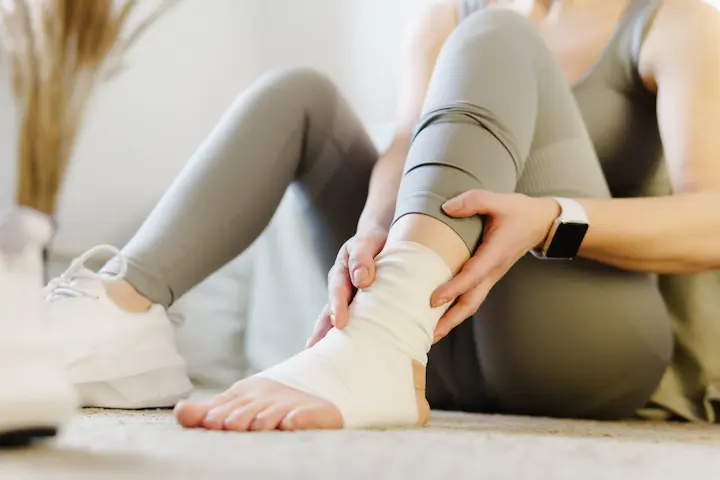 For home treatment of a sprained ankle, limit use, rest, apply ice, elevate or use bandages or anti-inflammatory ointments.